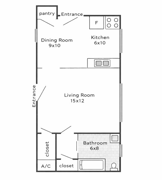 Floor plan for studio, 1 bath, 420 sqft